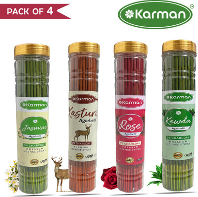 Karman Premium Incense Sticks Combo Pack For Pooja Meditation And Negative Energy Remover Agarbatti Mogra,Kasturi,Rose,Kewda 400Gm(100 g, Set of 4)