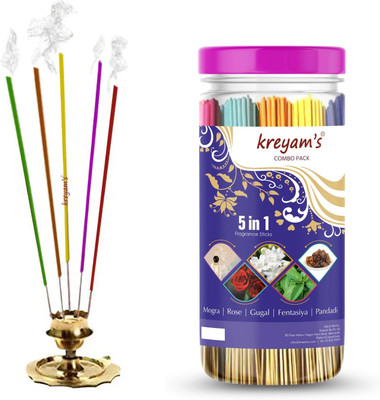 Kreyam's Incense Sticks - Agarbatti - Fragrance Sticks - Combo of 5 Fragrances Mogra, Rose, Gugal, Fentasiya, pandadi 225 Incense Sticks, Pooja Items Spiritual(225 Units, Set of 1)