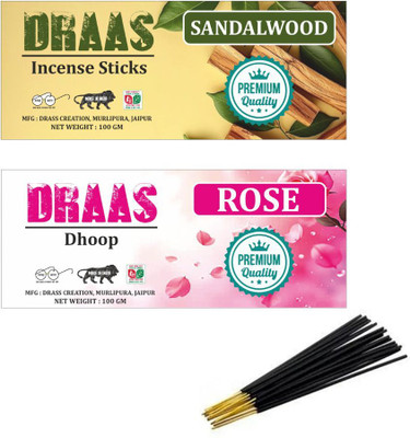 draas Sandalwood & Rose Combo – Relaxing Incense Sticks & Dhoop Set for Daily Use Sandalwood, Rose(200 g, Set of 2)