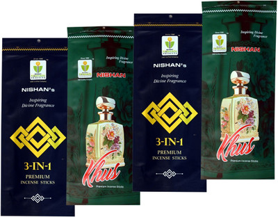 Nishan Natural Premium White 3 in 1 & Khus Incense Stick Agarbatti Combo Pack of 2 3 in 1 & Pack of 2 Khus(4 Units, Set of 4)