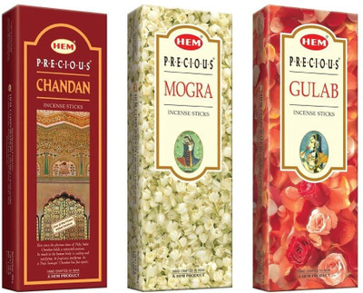 Hem 3 in 1 Assorted Fragrance Precious Incense Sticks Pack of 3 Chandan, Mogra, Gulab(3 Units, Set of 1)
