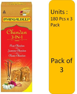 MANGALDEEP Rose Jasmine Classic Chandan 3-In-1 Agarbatti 180 pcs x 3 Pack Rose, Jasmine, Chandan, Gulab, Sandal, Mogra(540 Units, Set of 3)