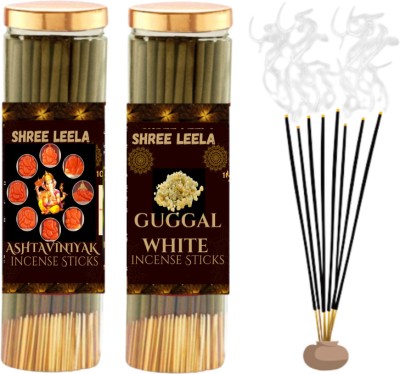 Shree Leela Asthavinak & Guggal White Pack of 2 Incense Sticks,Low Smoke Agarbatti 100gm X 2 Woody & Sweet Aroma fragrance, Charcoal Free &Low Smoke Agarbatti For Home,Office(100, Set of 2)