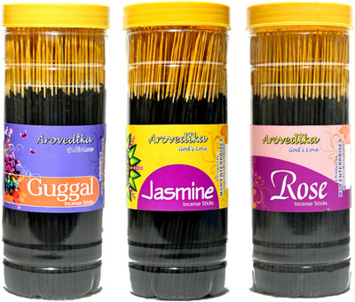 Arovedika GUGGAL 1 JASMINE 1 ROSE 1 BOX BLACK INCENSE (PACK OF 450GM PER BOX)TOTAL 1.3KG GUGGAL, JASMINE, ROSE(999 g, Set of 3)