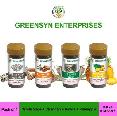 Greensyn Enterprises Natural Premium Pack of 4-Dry Dhoopatti stick for Pooja, Meditation & Devotional White Sage, Chandan, Kewra, Pineapple Fragrance(64, Set of 4)