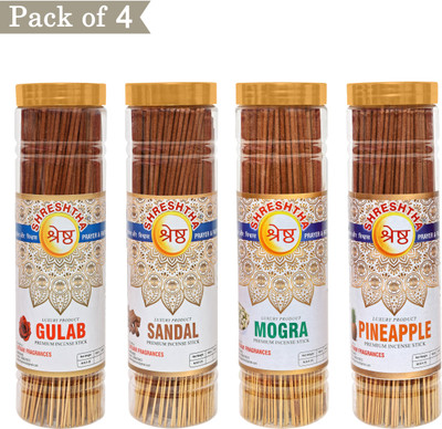 SHRESHTHA LUXURY PREMIUM INCENSE STICKS AGARBATTI (4 X 100GMS) BOTTLE PACK GULAB / ROSE, CHANDAN / SANDAL, MOGRA, PINEAPPLE(400 g, Set of 4)