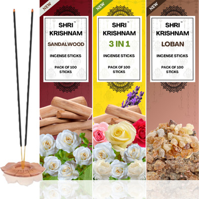 Shri Krishnam CHANDAN, 3 IN 1 & LOBAN Agarbatti | Pack of 300 stick | Puja & Freshness CHADAN, 3 IN 1 (ROSE, LAVENDER, JASMINE), LOBAN(500 g, Set of 3)