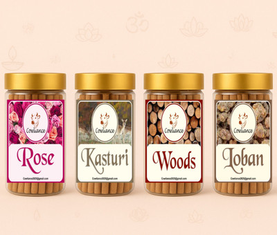 Cowliance 400 gm Premium Quality Dhoop Stick Pack | Creates Sacred & Positive Vibes ROSE, KASTURI, WOODS, LOBAN(400 g, Set of 4)
