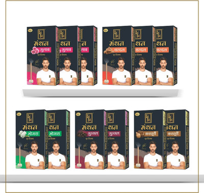 Zed Black Manthan Dhoop Sticks - 6 Fragrances - Bamboo Less|Aroma 3Pack of Rose, 3Chandan, 2Mogra, 2Guggal, 2Musk(120 Units, Set of 12)