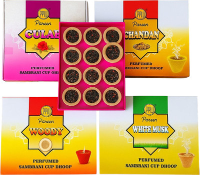 PAW pareen perfumed sambrani cup dhoop pack4 chandan /gulab/ woody/white musk(12 Units, Set of 4)