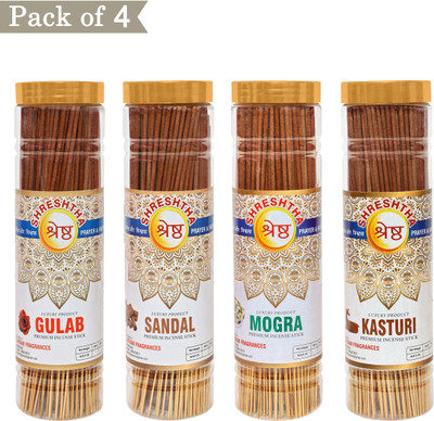 SHRESHTHA INCENSE STICKS AGARBATTI GULAB / ROSE, CHANDAN / SANDAL, KASTURI, MOGRA(100 g, Set of 4)
