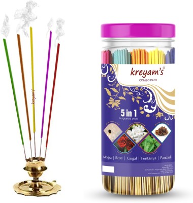 Kreyam's Incense Sticks - Agarbatti - Fragrance Sticks - Combo of 5 Fragrances Mogra, Rose, Gugal, Fentasiya, pandadi 225 Incense Sticks, Pooja Items Spiritual(225, Set of 1)