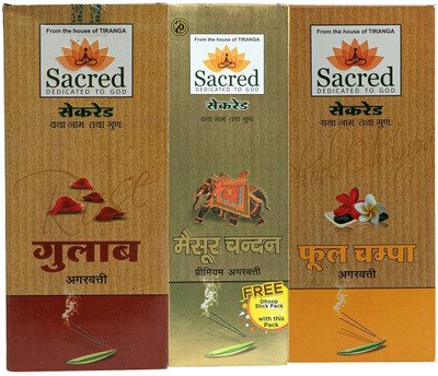 SACRED Natural Fragrance for Puja, Meditation, Refreshing Ambience, Combo of Family Pack 156 Gulab, 156 Phool Champa Stick, Eco Pack of 68 Mysore Chandan Stick(380 Units, Set of 3)
