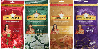MANGALDEEP Rose,Mogara,Sandal,4 in1 Agarbatti Ziplock - 125Gm, (Pack of 4) Rose,Mogara,Sandal,4 in1(450 g, Set of 4)