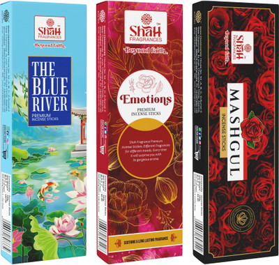 Shah Fragrances Mashgul+Emotions+The Blue River Incense Sticks (Pack of 3)(300 Grams) Assorted(300 g, Set of 1)