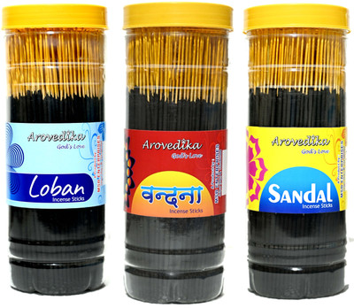 Arovedika LOBAN1 VANDANA 1 SANDAL 1 BOX BLACK INCENSE ( PACK OF 450GM PER BOX)TOTAL 1.3KG LOBAN, VANDANA, SANDAL(400 g, Set of 3)