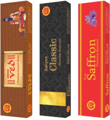 Mahamantra Incense Stick for Home Fragrance Sacred and Natural Air Purifiers Organic Rosy Earthy, Sandalwood and Agarwood, Kesar,Saffron(90, Set of 3)