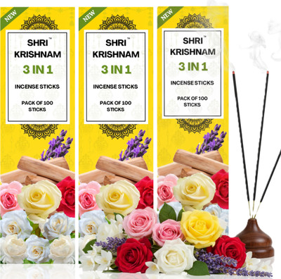 Shri Krishnam 3IN1 Agarbatti | Pack of 300 stick | Pooja and Spiritual use ROSE, Lavender, JASMINE(510 g, Set of 3)
