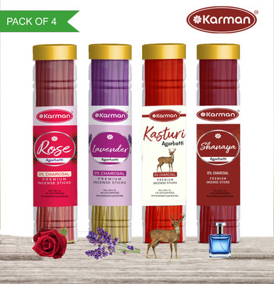 Karman PREMIUM GULAB, LAVENDER, SANAYA,KASTURI Agarbatti Jar (4×100)400gm. Four Deferent Fragrance (240 sticks) incense stick Pooja Items(240 Units, Set of 4)