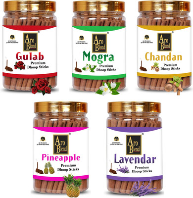 Aroblend PREMIUM GULAB, MOGRA,CHANDAN, PINEAPPLE & LAVENDER DRY DHOOP STICKS COMBO PACK OF 5 JAR(500 g, Set of 5)