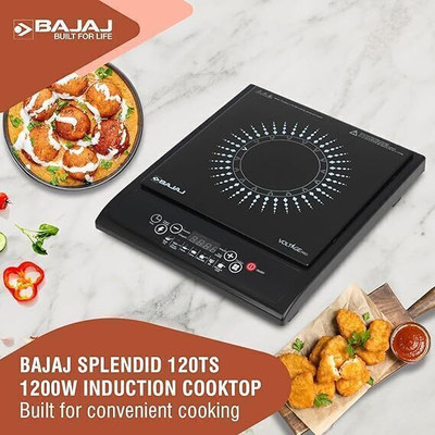BAJAJ 1200 W Induction Cooktop Push Button(Black, Tempered Glass Induction & Tact Switch Stove Comes & 7 Pre-Set Menus ICX 120ST)