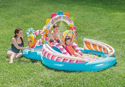 Intelligent Intex Inflatable (IND*374) Candy Zone Water Play Center With Pump Inflatable Swimming Pool(Multicolor)