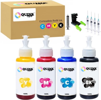 QUINK Refill Ink For Canon Printer MG2570S C,M,Y,K 100ML Each Bottle Black + Tri Color Combo Pack Ink Bottle