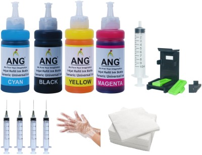 Ang Refill kit Dye ink for HP cartridge 805 803 680 678 682 818 802 901 703 704 46 21 22 27 28 56 57 canon 88 98 Cartridges 4 Refill ink bottle_With 5 Syringe & 1 nos Suction Tool Kit set 2 set hand glove ND tissue paper Black + Tri Color Combo Pack Ink Cartridge