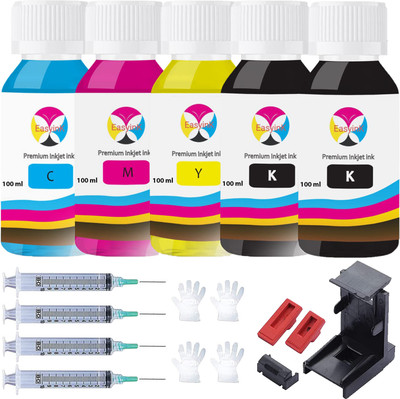 EASYINK 100ML CMYKK Refill Ink Kit with Suction Tool Compatible with HP & Canon Printers Black + Tri Color Combo Pack Ink Cartridge