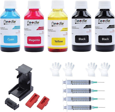 Needle 5x100 gms Ink Refill with Suction Tool for Cartridge Printers Black + Tri Color Combo Pack Ink Bottle