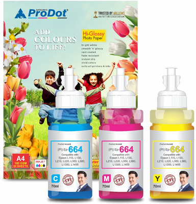 PRODOT Ep 664 Inkjet Ink Refill with Photopaper Compatible with Epson L100, L130, CMY Tri-Color Ink Bottle