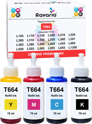Ravaria T664 Compatible Ink For Epson Printer Black + Tri Color Combo Pack Ink Bottle