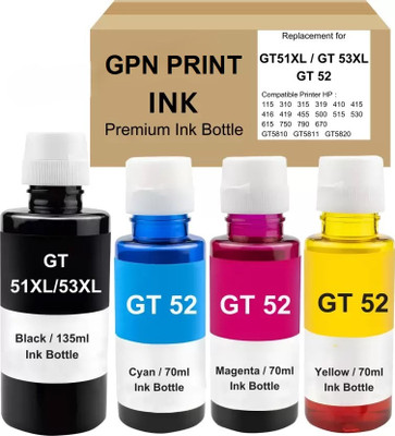 GPN PRINT GT51XL/53XL and GT 52 Refill Ink for HP Inktank + Smart Tank Printer Black + Tri Color Combo Pack Ink Bottle