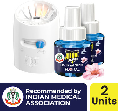 All Out ULTRA Pack of 2 Refills + Machine Floral(3 x 30 ml)