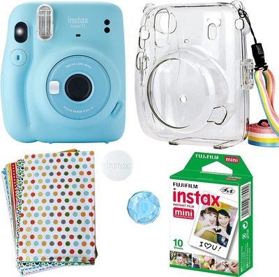 FUJIFILM instax mini 11 Mini 11 Blue with transparent case, 10x1 film and 20 stickers Instant Camera(Blue)