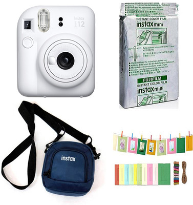 FUJIFILM Instax mini 12 Clay White Instant Camera+10x1 Film+Instax Blue Carrying Case with bunting1 Instant Camera(White)
