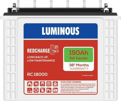 LUMINOUS 36 Months Warranty Tubular Inverter Battery(150 Ah, RedCharge RC18000 150Ah Tall Tubular Battery)