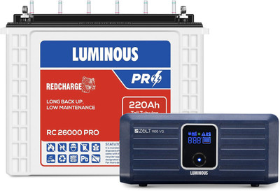 LUMINOUS 48 Months Warranty Tubular Inverter Battery(220 Ah, Zolt 1100 Pure Sine Wave 900VA/12V Inverter with RC 26000 PRO)