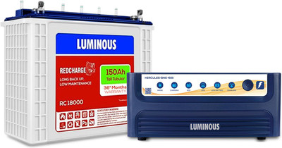 LUMINOUS Hercules 1500 Pure Sine Wave Inverter, RC 18000 150Ah Tall Tubular Battery Combo Pure Sine Wave Inverter