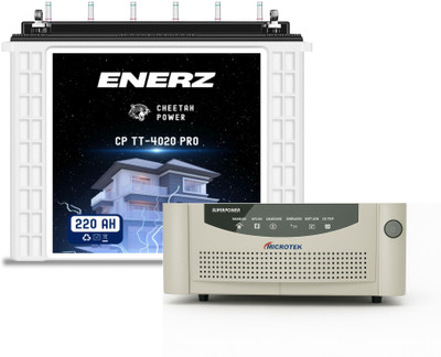 EnerZ 800 VA | 220 AH 48 Months Warranty Tall Tubular C20 Battery with 36 Months Warranty Pure Sine Wave Inverter(900,12V SW 36 Months Warranty inverter with 220 AH Battery)