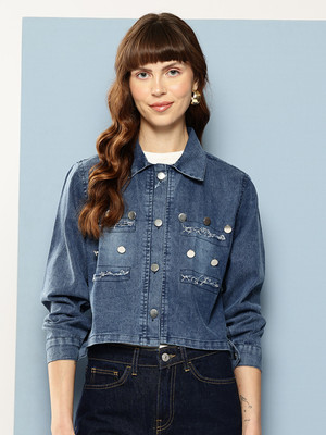 Sangria Full Sleeve Solid, Self Design Women Denim Jacket
