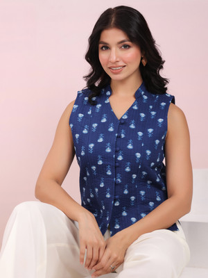 Janasya Sleeveless Floral Print Women Jacket