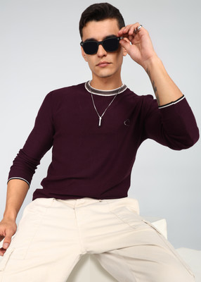 BEING HUMAN Solid Round Neck Casual Men Red Sweater