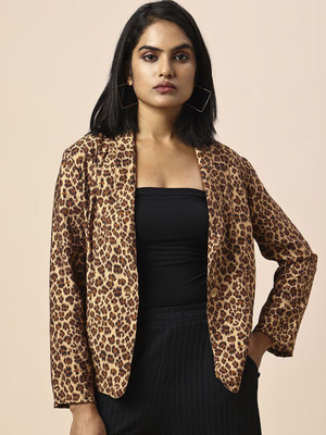 CHEMISTRY Animal Print Single Breasted Casual Women Blazer(Brown)