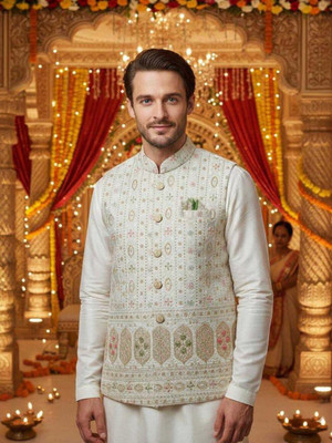 AJMERI WORLD Sleeveless Embroidered Men Jacket