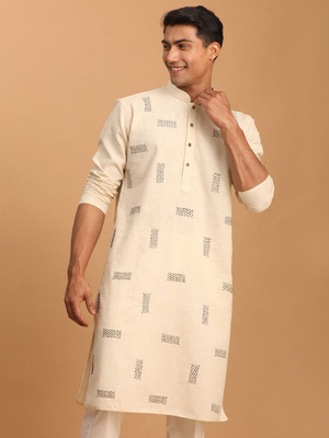 Shvaas By Vastramay Men Embroidered, Woven Design Straight Kurta(Beige)