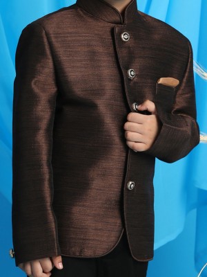 VASTRAMAY Self Design Single Breasted Festive Boys Blazer(Brown)