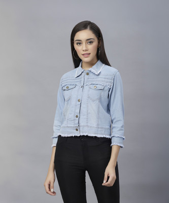 MAKEBELIEF 3/4th Sleeve Washed Women Denim Jacket