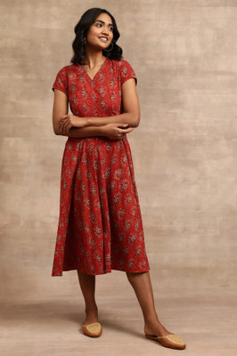 W Women A-line Red Below Knee Dress