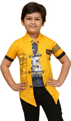 FASHION GRAB Boys Printed Casual Yellow Shirt
